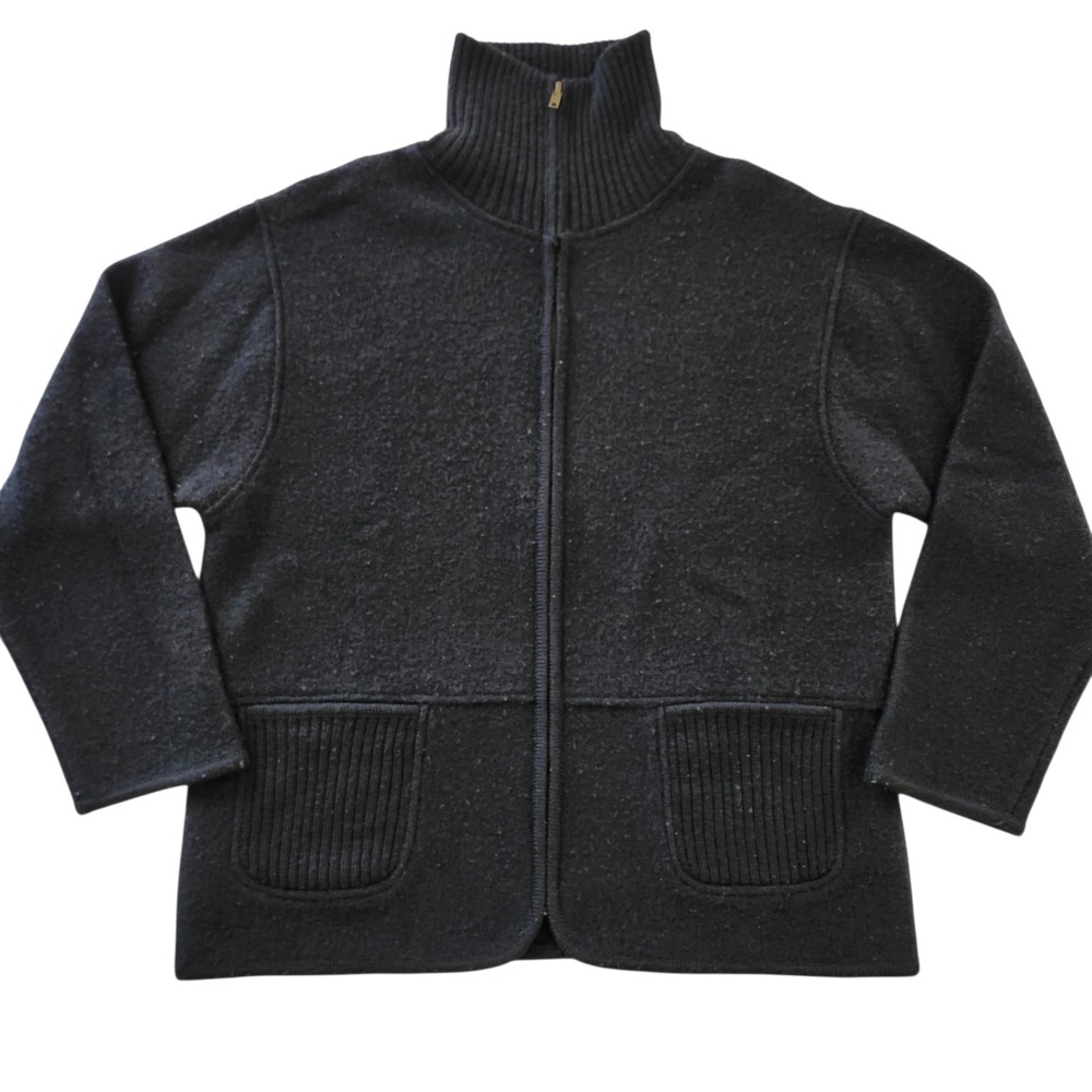 Tally Ho Black Boiled Wool Zip Up Cardigan Sweater Jacket Women's Size Large